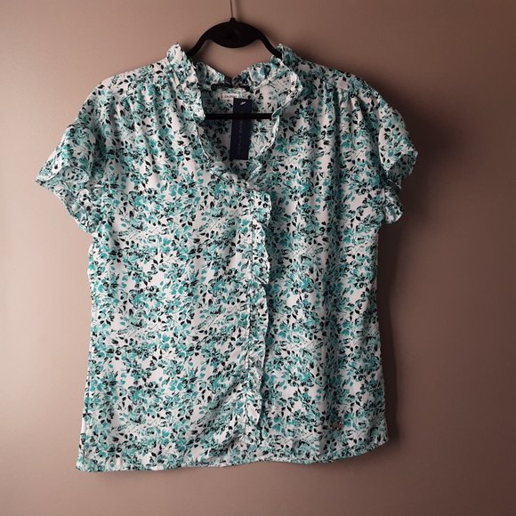 Adrienne Vittadini Short Sleeve Floral Blouse | White Turquoise Black | New! S/M - Picture 1 of 14